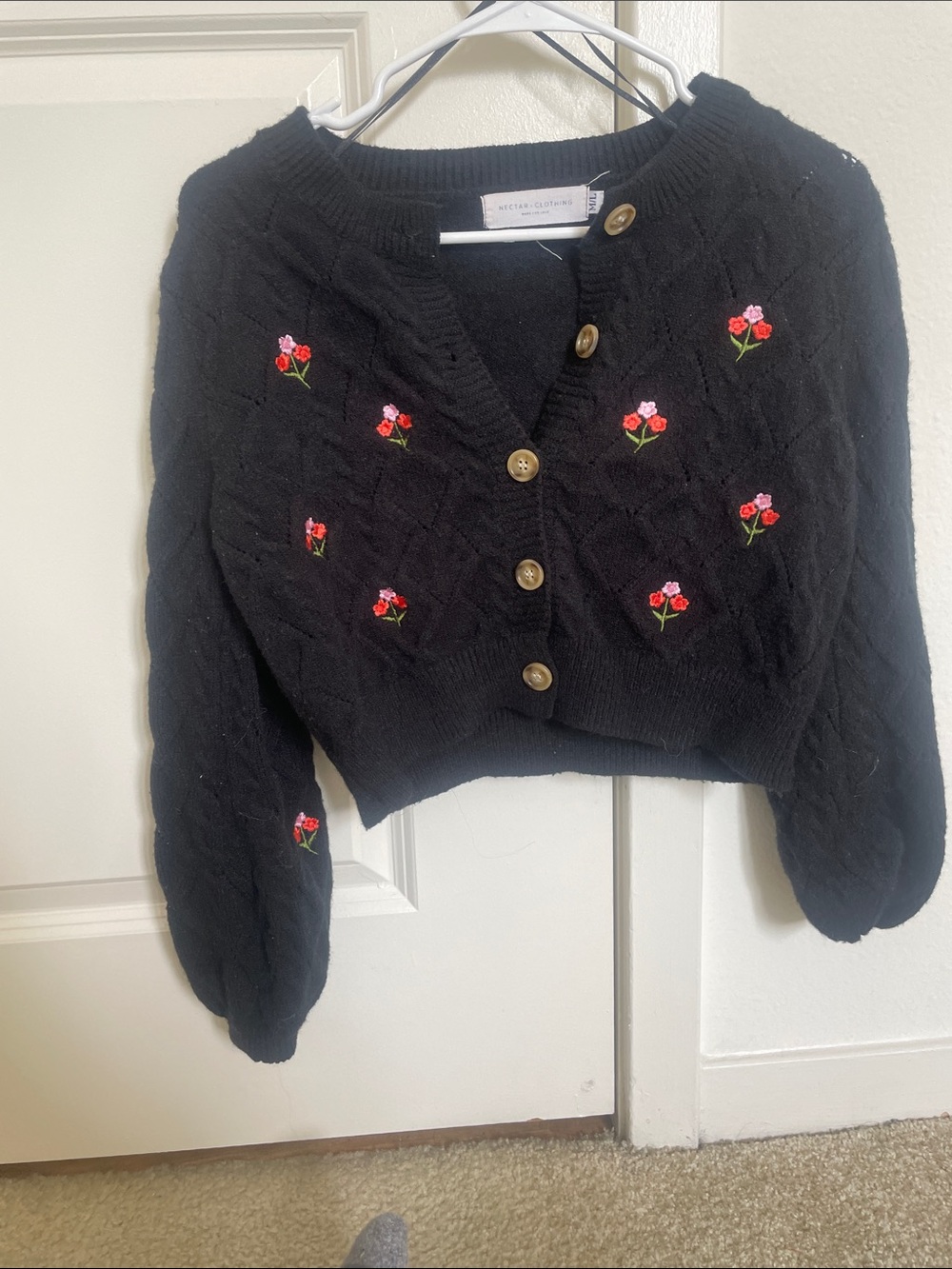 Black Cropped Cardigan with Pink & Red Floral Embroidery
